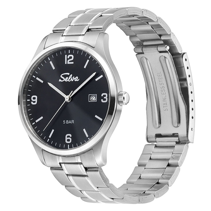 SELVA quartz wristwatch with stainless steel strap, black dial Ø 39mm