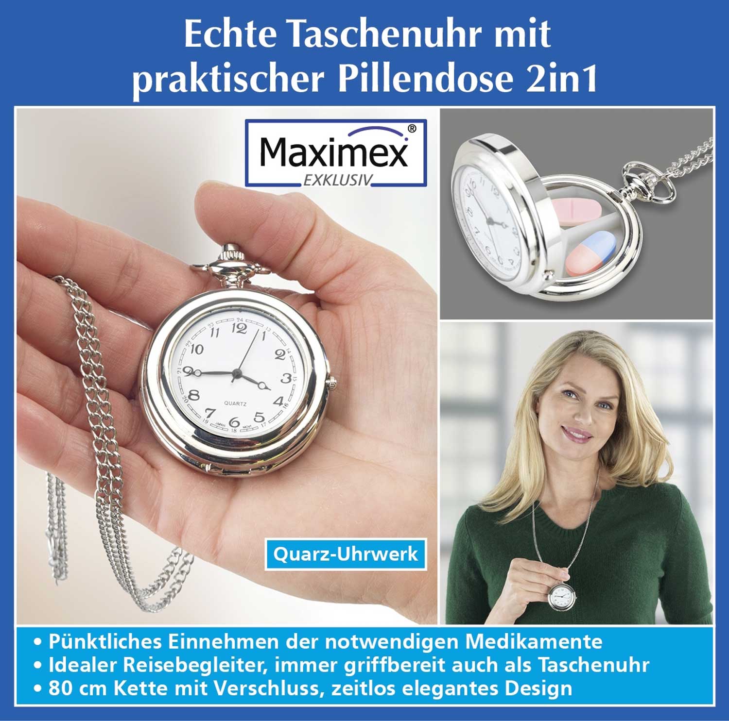 Echt zakhorloge met pillendoosje 2in1