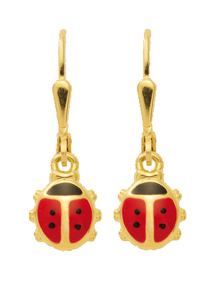 Dropped earrings with omega back gold 333/GG, ladybug enamelled