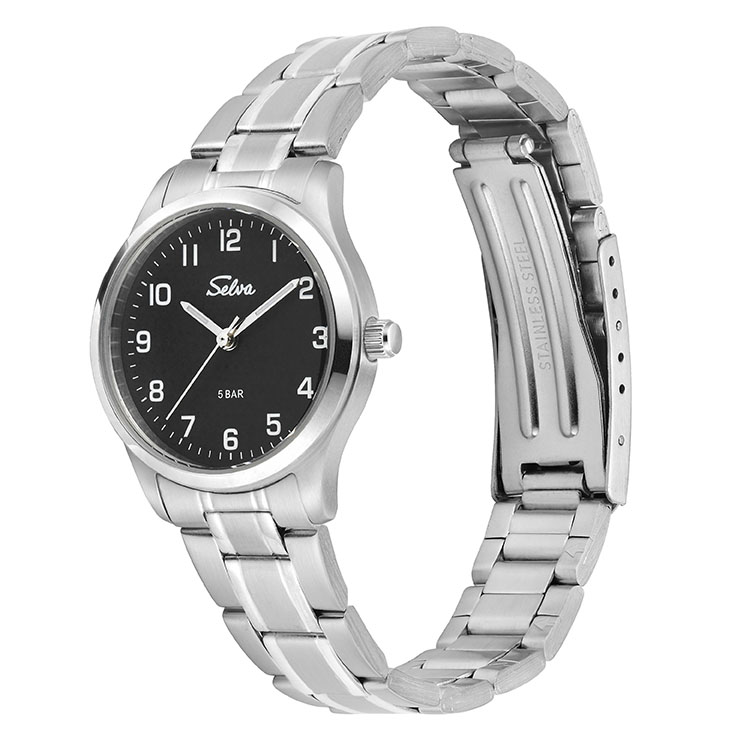 _ SELVA Quarz-Armbanduhr mit Edelstahlband Zifferblatt schwarz Ø 27mm