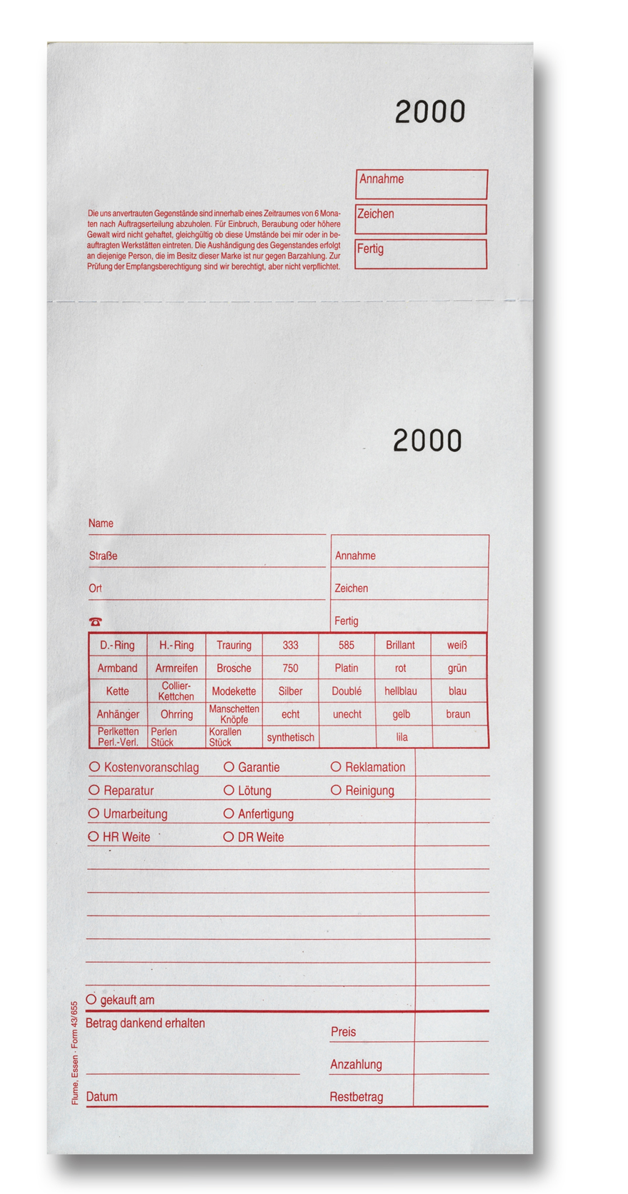 Reparaturtüten mit Aufdruck für Schmuck nummeriert 2001-3000