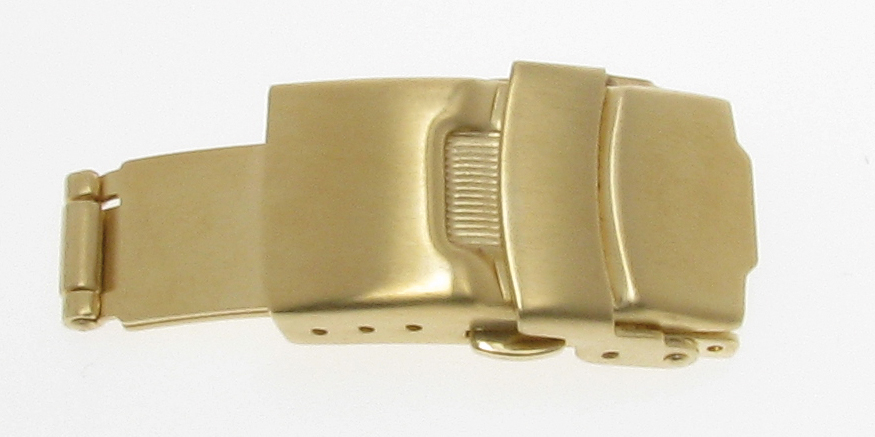 Folding clasp, stainless steel, 14mm, yellow, gold-plated, brushed, with pusher and safety bar