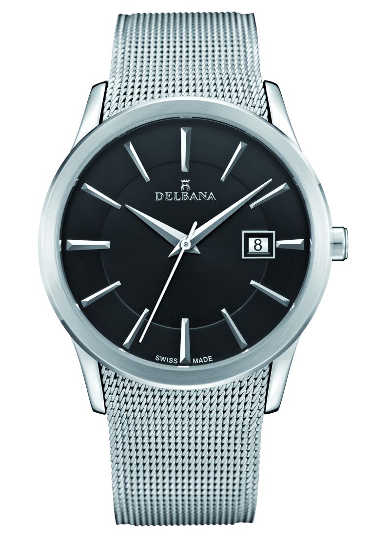 DELBANA HAU Edelstaal/ Zwarte w.p. met Milanese band - Swiss Made