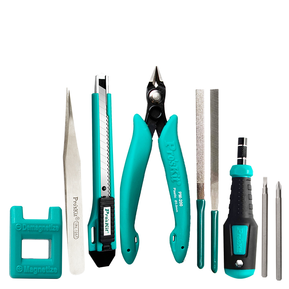 Tool set for model making - cutting, filing, screwing, picking up, magnetizing/demagnetizing