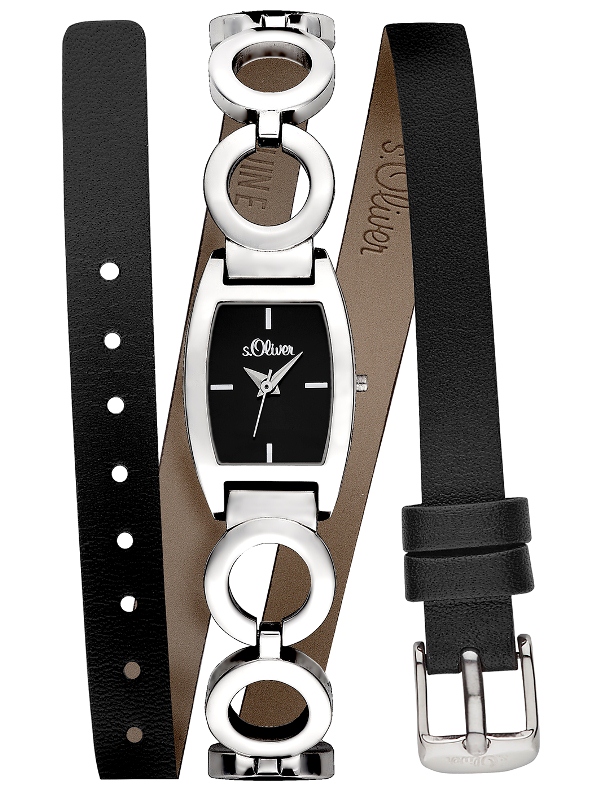 s.Oliver Horlogeband leer/roestvrij staal zwart SO-2166-LQ