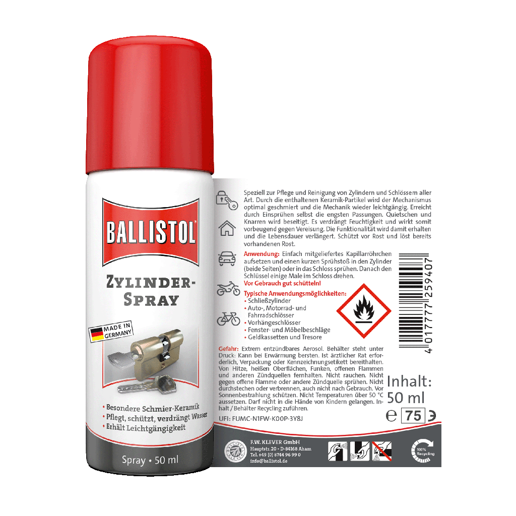 BALLISTOL cilinderspray, 50 ml - de speciale verzorging voor cilinders en sloten