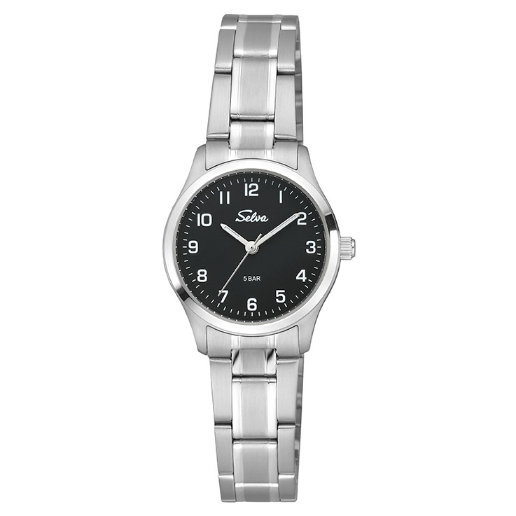 _ SELVA Quarz-Armbanduhr mit Edelstahlband Zifferblatt schwarz Ø 27mm