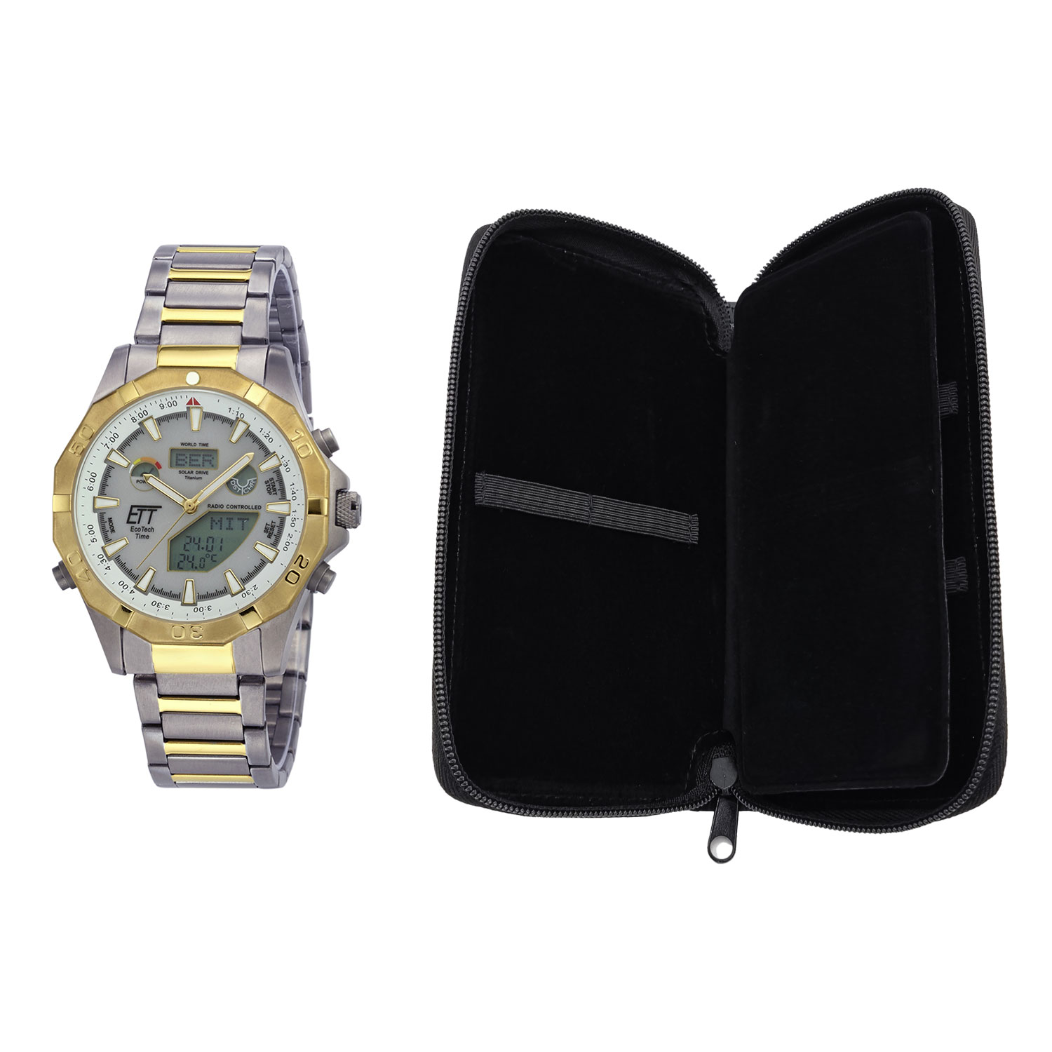 EXKLUSIVSET MIT GRATIS REISE-ETUI: Eco Tech Time Solar Drive Funk Alaska Herrenuhr World Timer - EGT-11358-55M