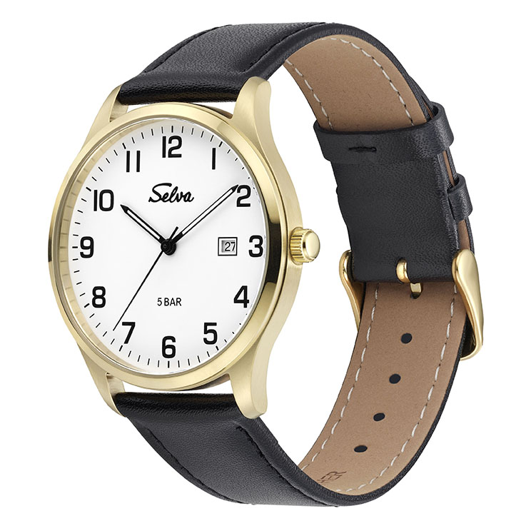 SELVA Kwarts horloge met Leren band, Witte wijzerplaat, Vergulde kast, Ø 39mm