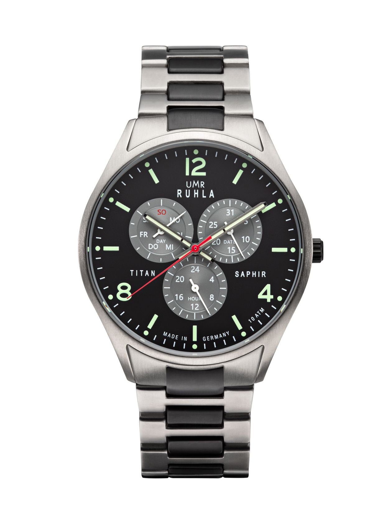 Uhren Manufaktur Ruhla - Armbanduhr schwebende Sekunde - schwarz - Titanarmband - made in Germany