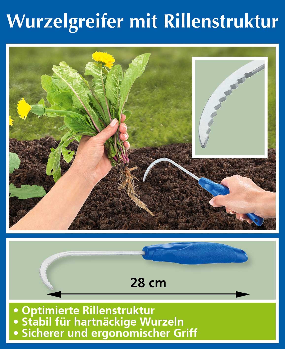 Root gripper with a grooved structure makes gardening easier