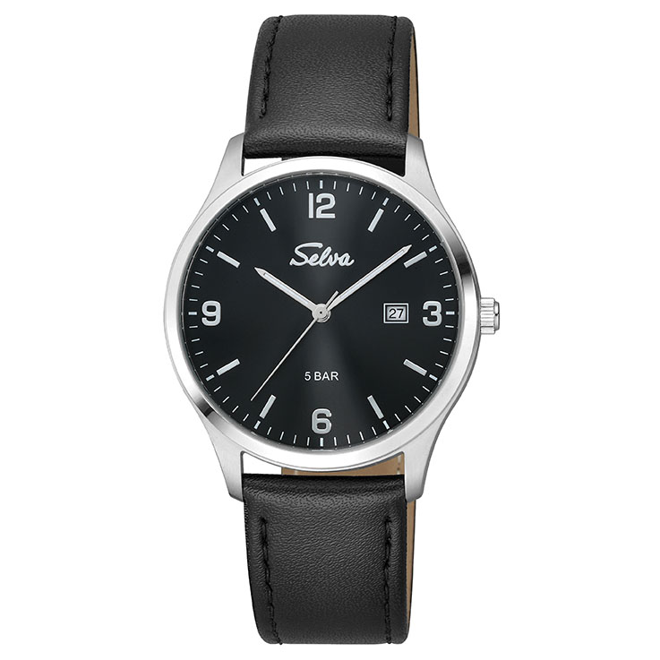 SELVA quartz wristwatch with leather strap black dial Ø 39mm