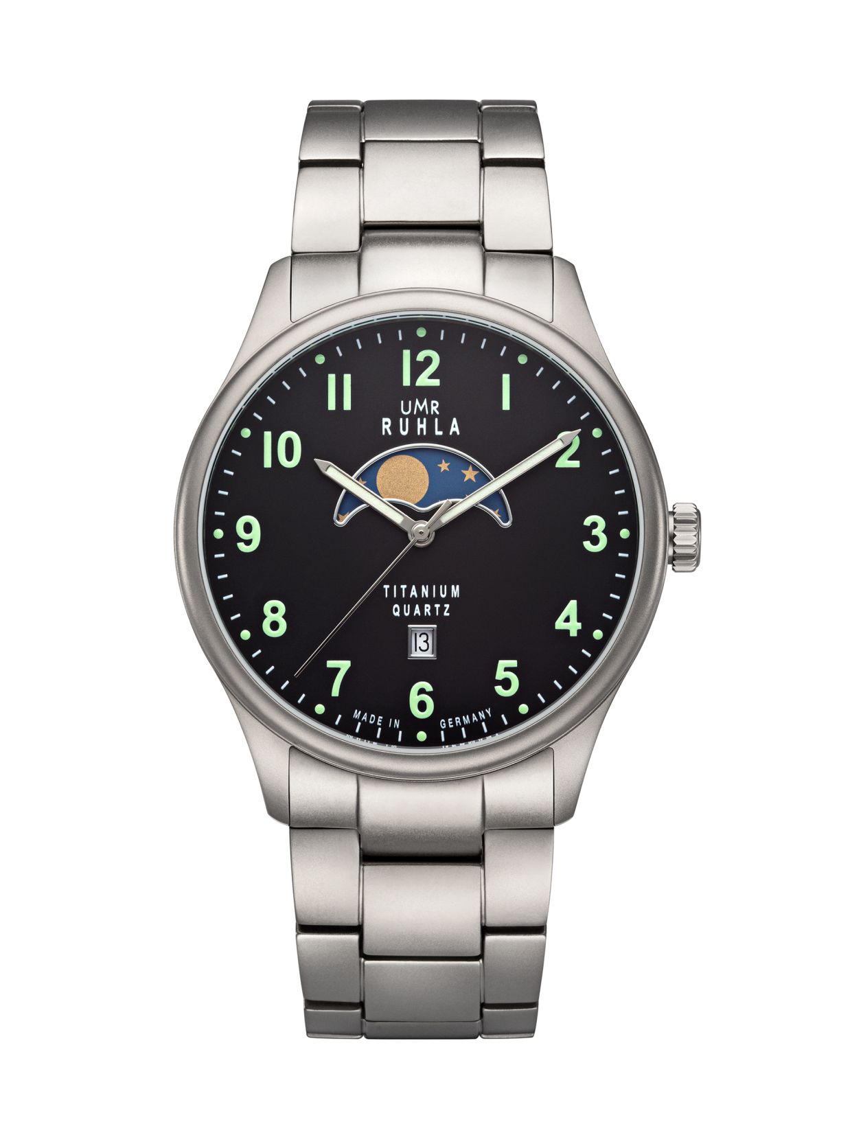 Uhren Manufaktur Ruhla - Mondphase-Uhr - Titan - Leuchtzahlen - Titanband - made in Germany