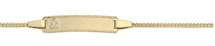 Id-armband goud 333/gg, vlakke schakels 14cm met Amor indruk op de voorkant, achterkant opschrift