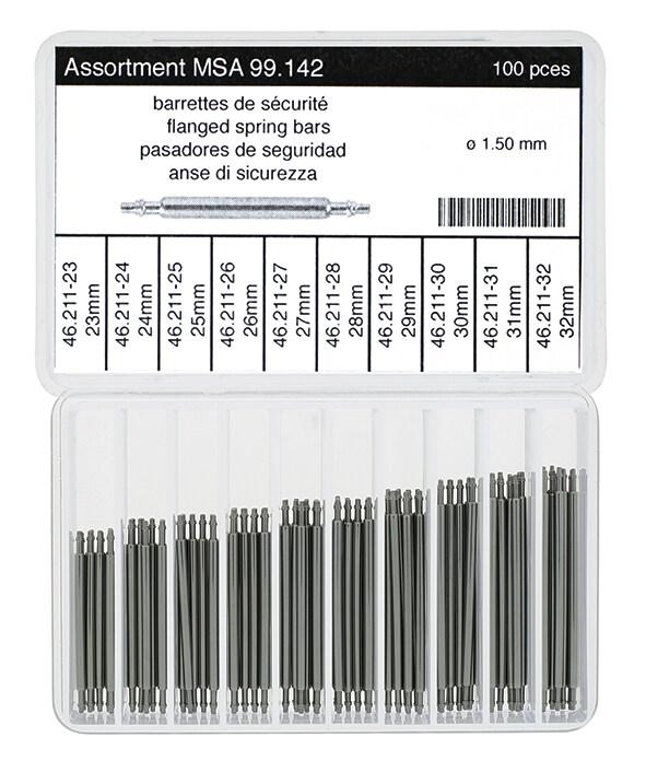 Sortiment Federstege 215E Edelstahl weiß, Ø 1,5 Länge 23-32mm, Zapfen mit Ansatz